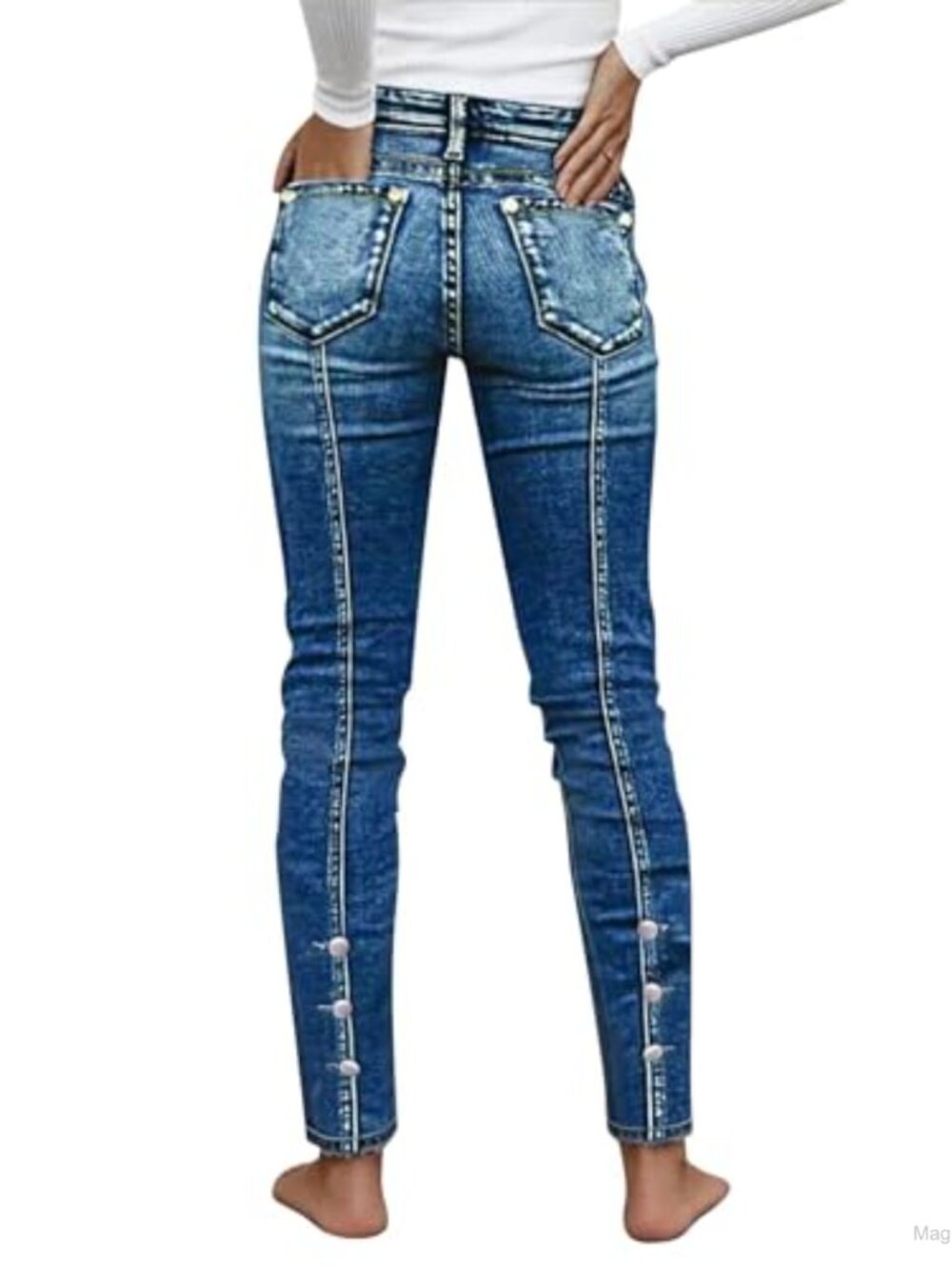Mid Rise Skinny Butt Lifting Jeans Women Stitch Detail Cotton Spandex